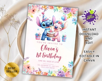 May include: A printable invitation for a 1st birthday party featuring Stitch and Angel from Disney's Lilo & Stitch. The invitation has a floral background and the text "You're invited to Olivia's 1st Birthday" in pink and blue.