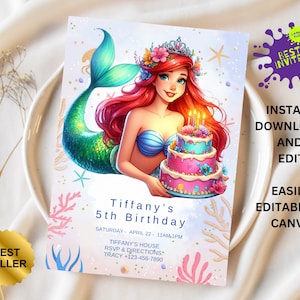 Editable The Little Mermaid Birthday Party Invitation| Ariel Birthday Party Invite, New Little Mermaid Birthday Invite, Bestseller invite