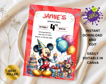 Mickey Mouse Birthday Invitation | Template Printable Party Invite | Digital Editable Template | Instant Download