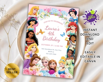 Könnte beinhalten: Rosa-weiße druckbare Einladung mit floralem Rand und einer Collage von Disney-Prinzessinnen. Der Text lautet "Feiert mit uns Lauras 4. Geburtstag, 27. Oktober | 14:00 Uhr, 123 Anywhere St, Any City, RSVP unter 123-456-7590".