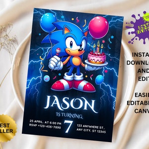 Faire-part d'anniversaire Sonic, Super Hedgehog Boys Party inviter, Faire-part de fête Super Sonic, modèle d'invitation Sonic modifiable, modèle Canva