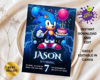 Sonic verjaardagsuitnodiging, Super Hedgehog Boys-feestuitnodiging, Super Sonic-feestuitnodiging, bewerkbare Sonic-uitnodigingssjabloon, Canva-sjabloon