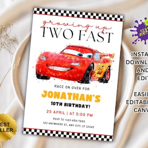 Cars Birthday Party Invitation, Lightning Mcqueen Birthday, Cars Party Invite, Second Birthday Party Invitation, Two Fast, 2, Tow Mater Cars