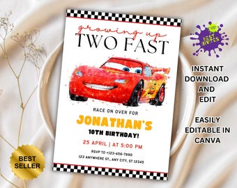 Cars Birthday Party Invitation, Lightning Mcqueen Birthday, Cars Party Invite, Second Birthday Party Invitation, Two Fast, 2, Tow Mater Cars