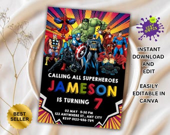 Superhero Birthday Invitation, Boy Avengers Party Invite Decoration, Printable Editable Template, Digital Instant Download, Canva Editable