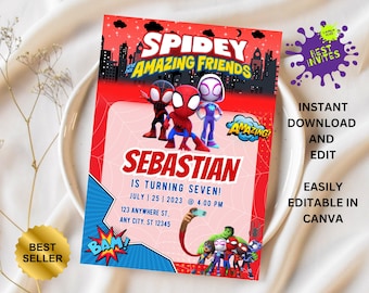 May include: A red, blue, and yellow printable invitation for a birthday party. The invitation features a cartoon image of Spider-Man and his friends. The text on the invitation reads "Spidey and Amazing Friends", "Sebastian is turning seven!" and "July 25, 2023 at 4:00 PM".