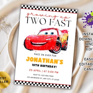 Cars Birthday Party Invitation, Lightning Mcqueen Birthday, Cars Party Invite, Second Birthday Party Invitation, Two Fast, 2, Tow Mater Cars