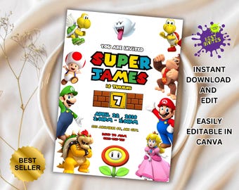 Mario invitation, Printable birthday invite, editable invitation, girl birthday, mario bros party, video game invitation, super template