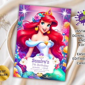 Editable The Little Mermaid Birthday Party Invitation| Ariel Birthday Party Invite, New Little Mermaid Birthday Invite, Bestseller invite
