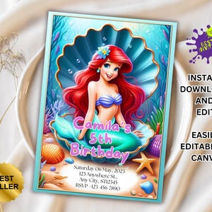 Editable The Little Mermaid Birthday Party Invitation| Ariel Birthday Party Invite, New Little Mermaid Birthday Invite, Bestseller invite