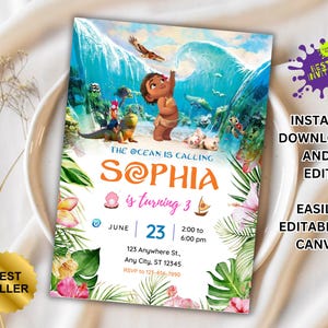 Moana Invitation, Kids Digital invitation,Moana Party Invite,For Girl Invite,Editable in Canva,Modern Birthday Template Printable