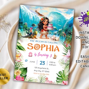 Moana Invitation, Kids Digital invitation,Moana Party Invite,For Girl Invite,Editable in Canva,Modern Birthday Template Printable