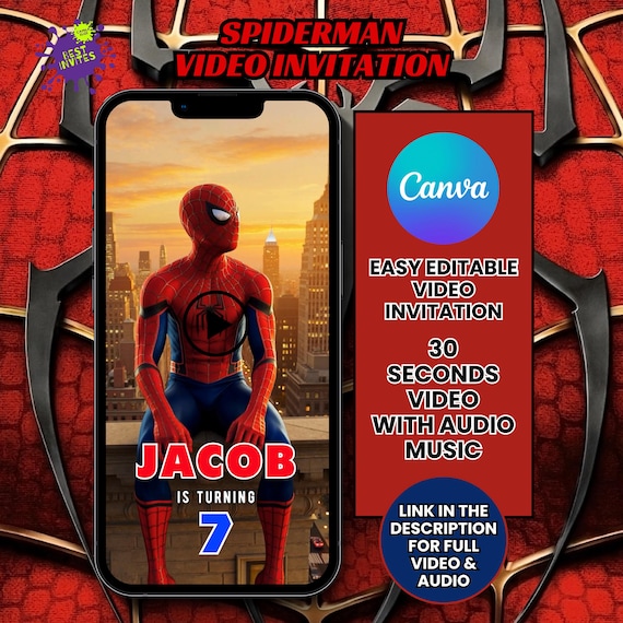 Spiderman Video Invitation Template Editable, Superhero Birthday Invite Boy, Animated Spider man Digital Invite, Editable Video Invite