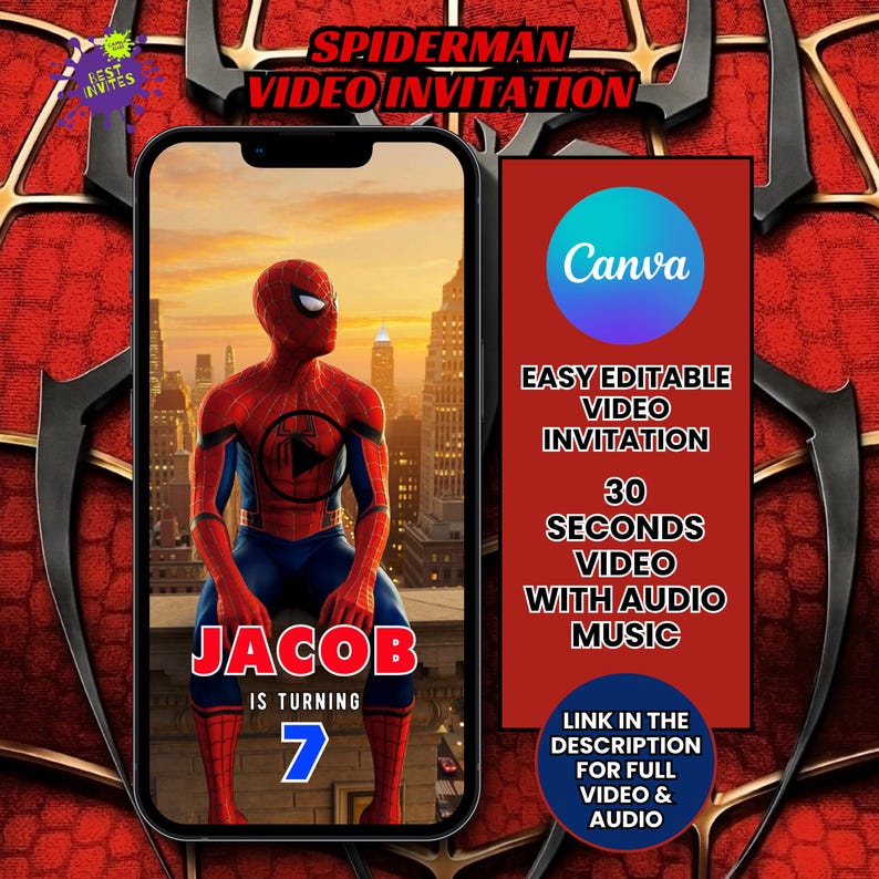 Spiderman Video Invitation Template Editable, Superhero Birthday Invite Boy, Animated Spider man Digital Invite, Editable Video Invite image 1