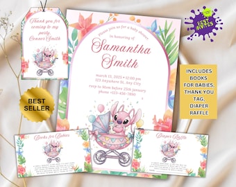 May include: Baby shower invitation set featuring a watercolor illustration of a character in a stroller. The set includes an invitation, thank you tag, diaper raffle, and books for babies cards. The invitation text includes the name Samantha Smith and event details.
