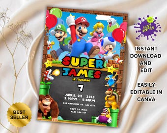 Mario invitation, Printable birthday invite, editable invitation, girl birthday, mario bros party, video game invitation, super template