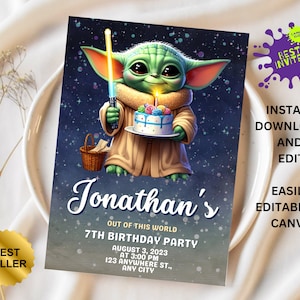 May include: A printable birthday party invitation featuring a cartoon image of a green alien holding a birthday cake with candles. The text on the invitation reads "Jonathan's Out of This World 7th Birthday Party" with the date, time, and location of the party.