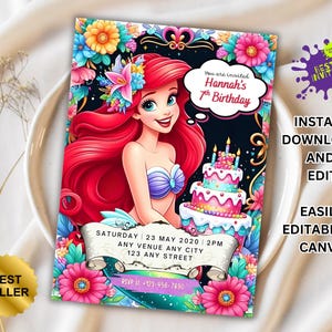 Faire-part d'anniversaire modifiable La petite sirène | Invitation de fête d'anniversaire d'Ariel, nouvelle invitation d'anniversaire de petite sirène, invitation de best-seller
