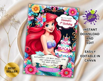 Edytowalne zaproszenie na przyjęcie urodzinowe Mała Syrenka | Zaproszenie na przyjęcie urodzinowe Ariel, Nowe zaproszenie na urodziny Małej Syrenki, Bestsellerowe zaproszenie