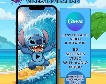 Stitch Video Invitation, Blue Alien Stitch Birthday Video Invite, Hawaiian Kids Party Invite, Animated Digital Video Invite, Video Invite