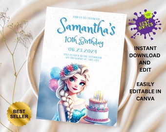 FROZEN Invitation Elsa Birthday Invitation Winter Snow Birthday Printable,Editable Instant Download Canva Template Frozen Invite