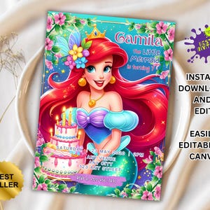 Faire-part d'anniversaire modifiable La petite sirène | Invitation de fête d'anniversaire d'Ariel, nouvelle invitation d'anniversaire de petite sirène, invitation de best-seller