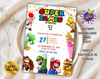 Mario invitation, Printable birthday invite, editable invitation, girl birthday, mario bros party, video game invitation, super template