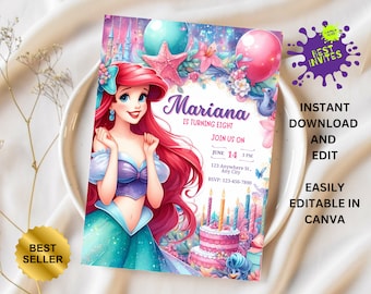 Editable The Little Mermaid Birthday Party Invitation| Ariel Birthday Party Invite, New Little Mermaid Birthday Invite, Bestseller invite