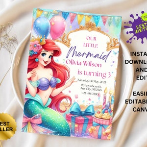 Editable The Little Mermaid Birthday Party Invitation| Ariel Birthday Party Invite, New Little Mermaid Birthday Invite, Bestseller invite