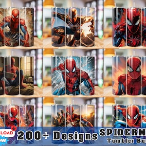Pode incluir: Um conjunto de nove copos de aço inoxidável com vários designs que apresentam o super-herói Homem-Aranha. Os copos estão dispostos em três filas de três. Cada copo tem um canudo.