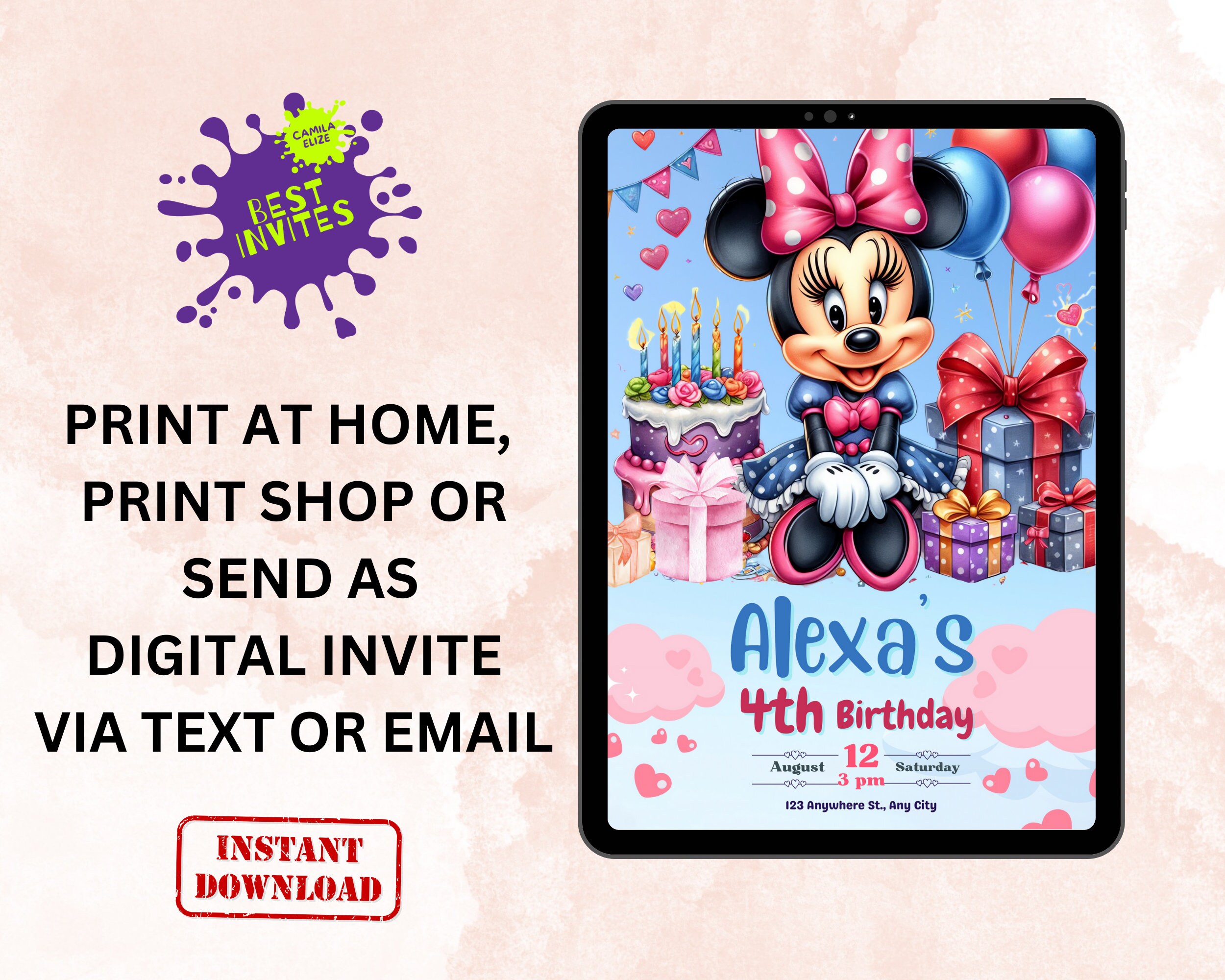 Editable Light Pink Minnie Mouse Birthday Invitation, Girls Birthday ...