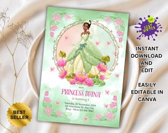 Princess and the Frog Birthday Invitation, Princess Tiana Birthday Party Invite, Printable Editable Birthday Invitation, Birthday Girls