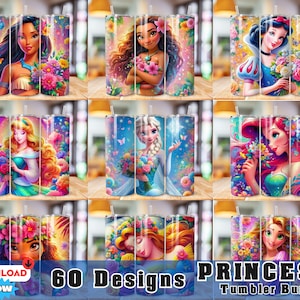 60 emballages de gobelet princesse png, lot de gobelet princesse skinny 20 oz, gobelet floral princesse dessin animé, lot de princesse png, lot de gobelets d'emballage