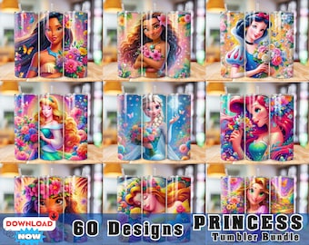 60 vasos de princesa (PNG), paquete de vasos delgados de princesa de 20 oz, vaso floral de princesa de dibujos animados, paquete de princesa (PNG), paquete de vasos