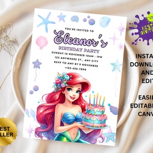 Faire-part d'anniversaire modifiable La petite sirène | Invitation de fête d'anniversaire d'Ariel, nouvelle invitation d'anniversaire de petite sirène, invitation de best-seller