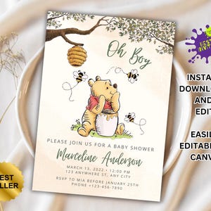 Editable Winnie the Pooh Baby Shower Invitation, Digital Invitation Oh Boy, Winnie The Pooh Invitation, Pooh Printable Template, Pooh Baby