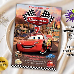 Cars Birthday Invitation, Lightning McQueen Invitation, Kids Birthday Invitation, Editable Personalized Canva Printable Digital Invitation