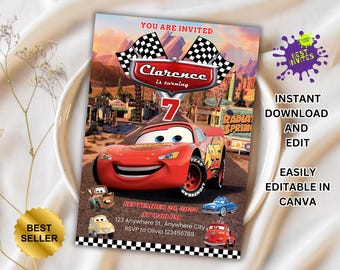 Cars Birthday Invitation, Lightning McQueen Invitation, Kids Birthday Invitation, Editable Personalized Canva Printable Digital Invitation