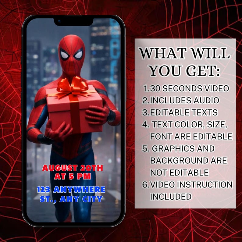 Spiderman Video Invitation Template Editable, Superhero Birthday Invite Boy, Animated Spider man Digital Invite, Editable Video Invite image 3