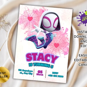Girl Ghost Spidey Birthday Invitation, Spidey Gwen Birthday Party, Spider Gwen Party Invitation, Template Canva Template