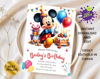 Mickey Mouse Birthday Invitation | Template Printable Party Invite | Digital Editable Template | Instant Download