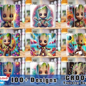 Könnte beinhalten: Ein Set mit neun verschiedenen Designs für einen Becher mit dem Cartoon-Charakter Groot. Die Designs beinhalten einen Galaxie-Hintergrund, einen Hintergrund aus Buntglas, eine Strandszene, eine Weltraum-Szene und einen Aquarell-Hintergrund. Der Text "100+ Designs" und "Groot Tumbler Bundle" ist ebenfalls im Bild enthalten.