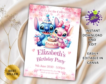 Stitch Birthday Invitation, Printable Lilo and Stitch Invitation, Kids Stitch Angel Birthday Invite, Aloha Stitch Birthday, Canva Template