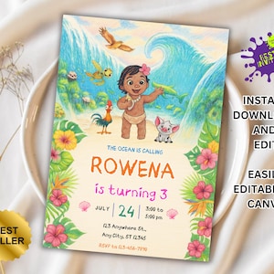Moana Invitation, Kids Digital invitation,Moana Party Invite,For Girl Invite,Editable in Canva, Crayon style invite Template Printable