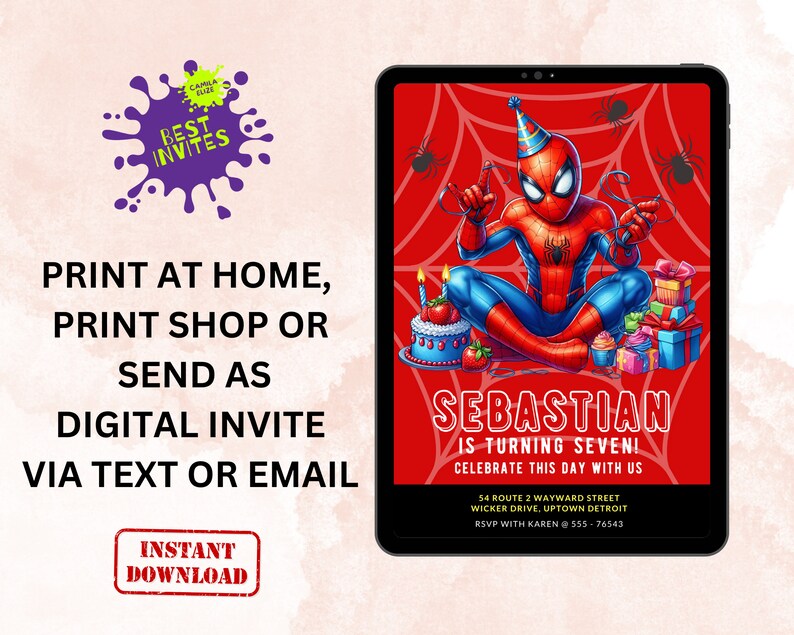 May include: A digital invitation featuring a cartoon image of Spiderman wearing a birthday hat and holding a string of web. The background is red with a spiderweb pattern. The text "Sebastian is turning seven! Celebrate this day with us" is at the bottom of the invitation. The invitation also includes an address and RSVP information.