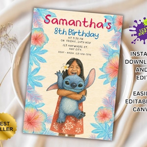 Stitch Editable Birthday Invitation Template, Printable Birthday Party Invitations, Digital Kids Party Invite, Digital Bday Card Invite