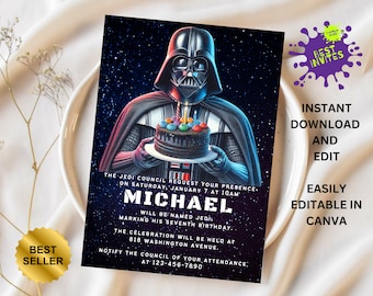 Printable birthday invite, Editable invitation, instant Download, wars invitation, Star invite, wars invitation, darth vader birthday party
