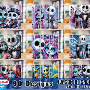 Może przedstawiać: Zestaw 9 kolorowych wzorów kubków Jacka i Sally. Wzory przedstawiają różne ilustracje postaci z filmu Koszmar przed świętami. Wzory idealnie nadają się do dodania upiornego i zabawnego akcentu do codziennych napojów.