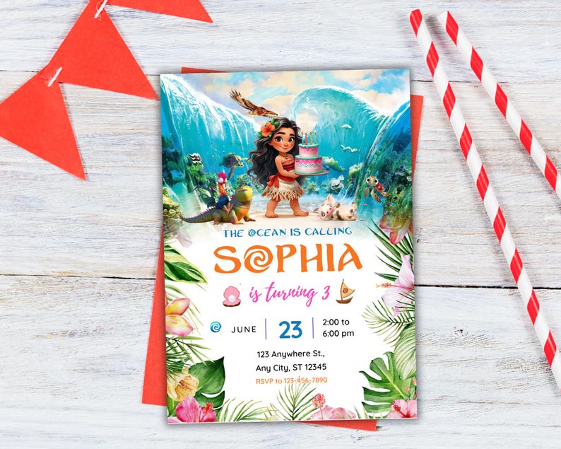 Op de afbeelding: Een Moana-thema verjaardagsuitnodiging met een kleurrijke tropische achtergrond. De uitnodiging bevat een cartoon afbeelding van Moana die een taart vasthoudt en de tekst "THE OCEAN IS CALLING SOPHIA is turning 3." De uitnodiging bevat ook de datum "JUNE 23" en de tijd "2:00 to 6:00 pm".