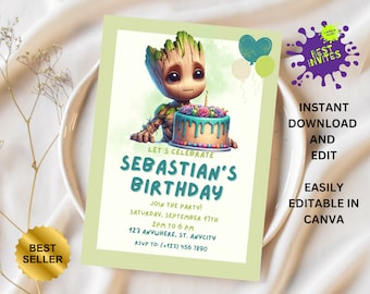 Groot Birthday Invitation Template, Printable Birthday Party Invitation, Digital Kids Party Invite Template, Groot Birthday, editable groot